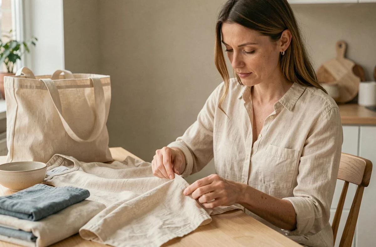 Femme examinant la qualité du tissu d'un vêtement Kiabi en lin écru, assise à une table en bois dans un intérieur scandinave épuré