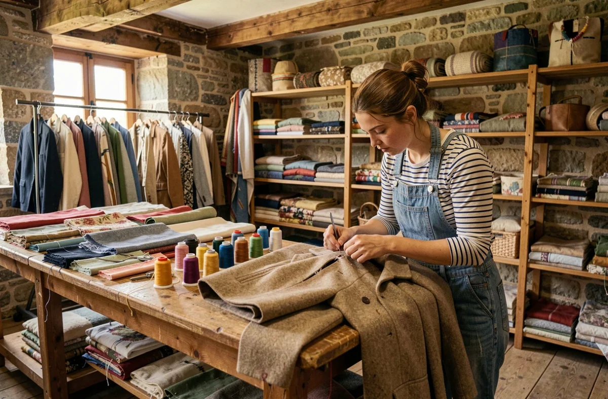 Atelier de réemploi textile de la Ressourcerie du Penthièvre à Lamballe avec couturière réparant un manteau