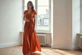 Femme portant une robe longue terracotta en lin à coupe portefeuille, mise en valeur pour une morphologie en sablier dans un appartement parisien lumineux