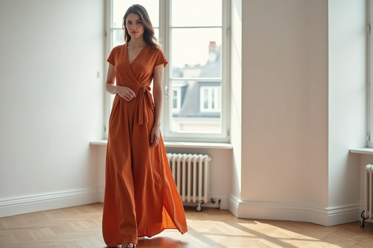Femme portant une robe longue terracotta en lin à coupe portefeuille, mise en valeur pour une morphologie en sablier dans un appartement parisien lumineux
