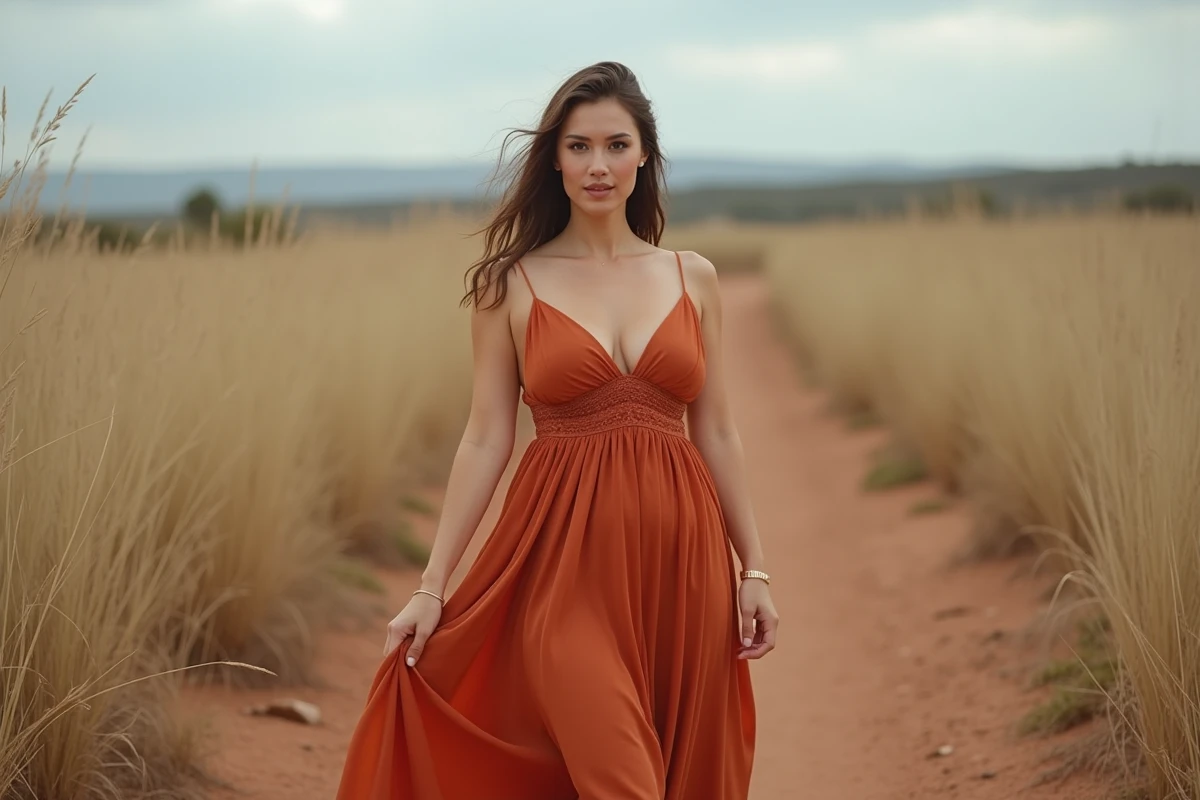 Femme morphologie en poire portant une robe longue terracotta à taille empire dans un cadre naturel avec herbes dorées, mettant en valeur une coupe adaptée à ses formes