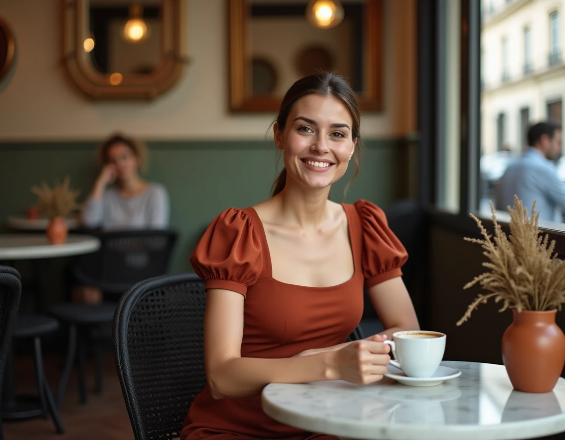 Femme en robe terra cotta ajustée assise dans un café parisien avec tasse d'espresso