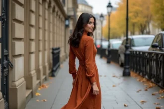 Femme élégante en robe midi terra cotta dans une rue parisienne pavée aux façades haussmanniennes