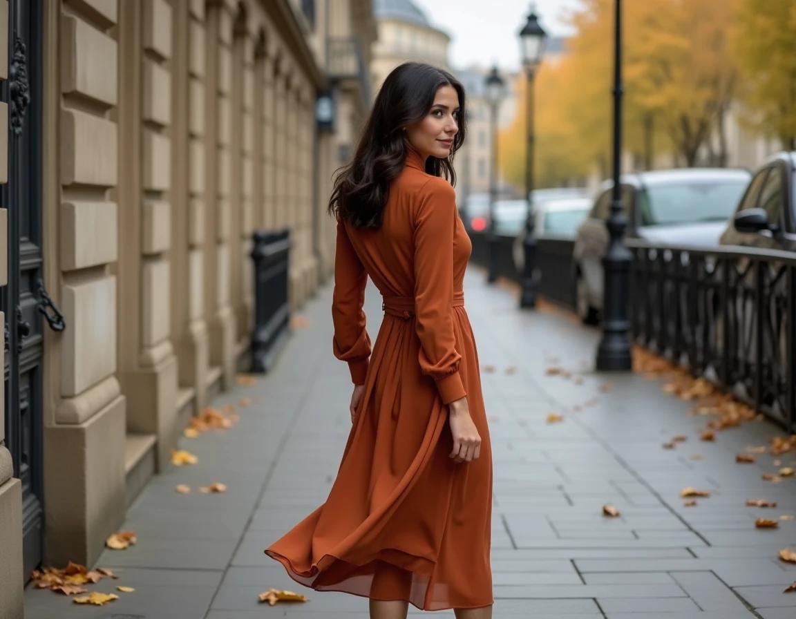 Femme élégante en robe midi terra cotta dans une rue parisienne pavée aux façades haussmanniennes