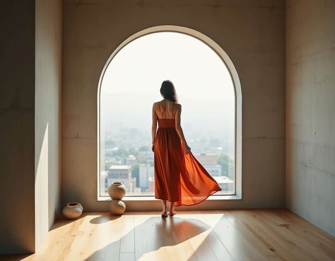 Femme en robe terra cotta fluide près d'une fenêtre cintrée dans un loft minimaliste contemporain