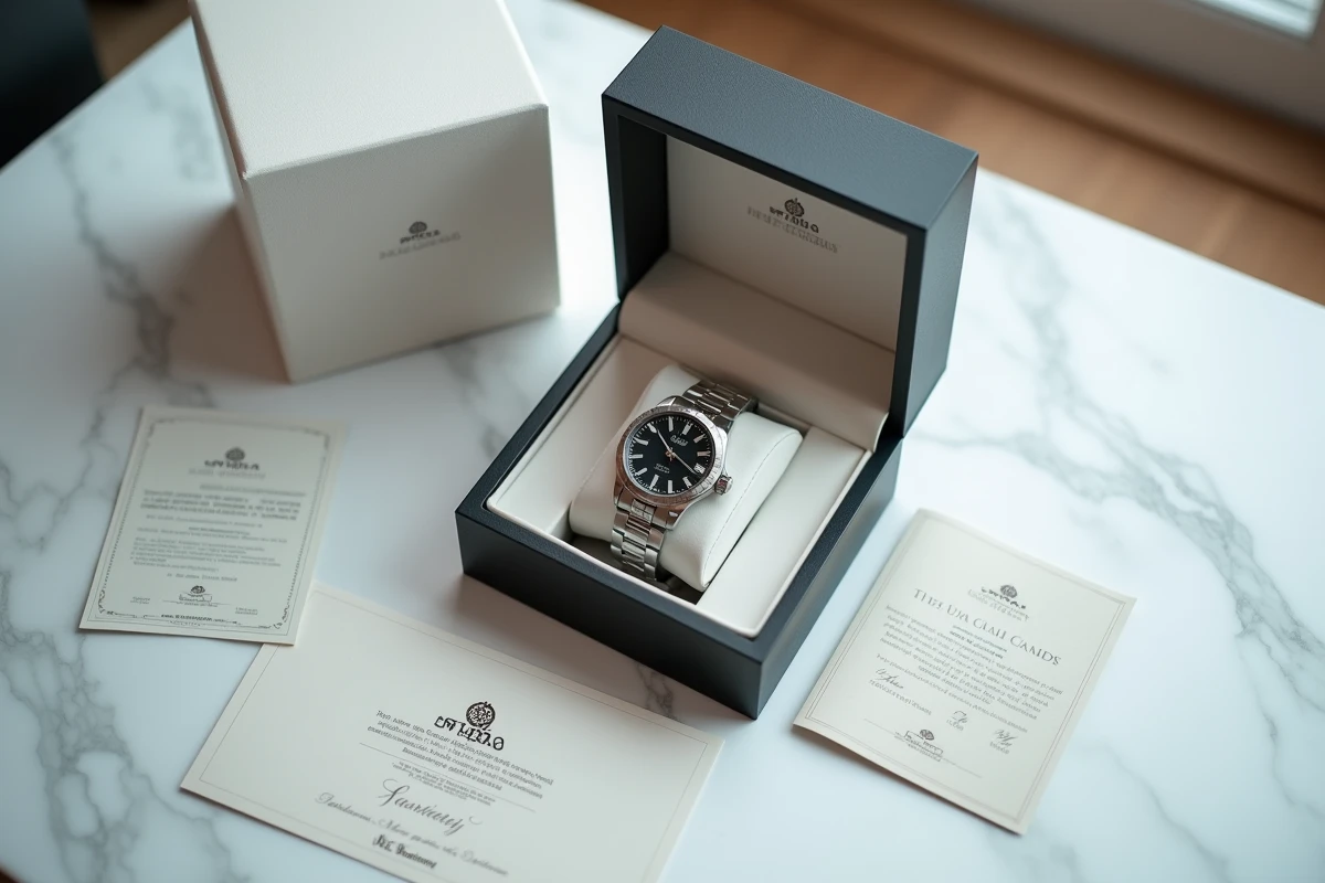 Montre Rolex avec certificat d'authenticité, carte de garantie et livret officiel sur surface en marbre blanc