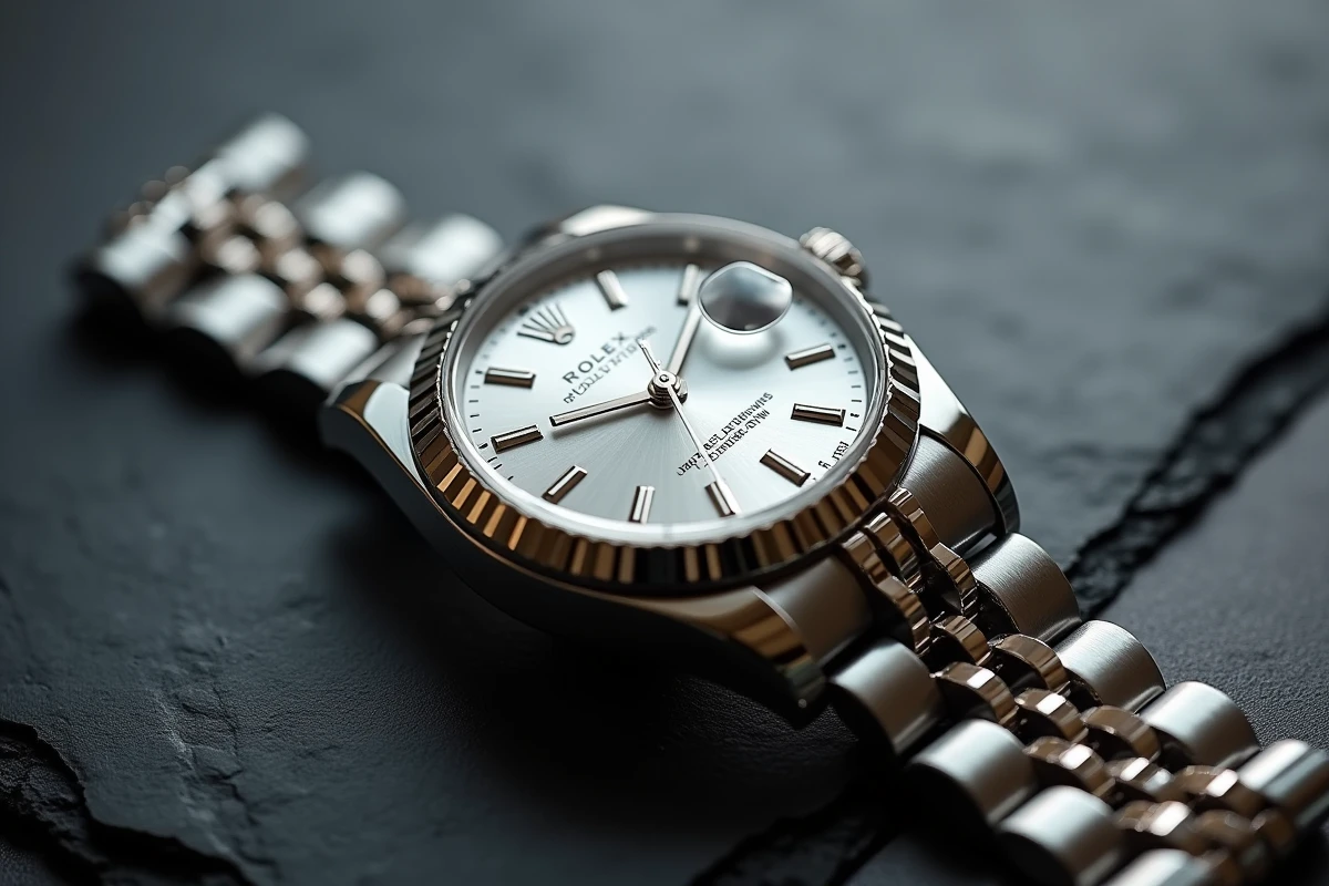 Rolex Datejust 36 en acier inoxydable avec cadran argenté et bracelet jubilé posé sur ardoise noire