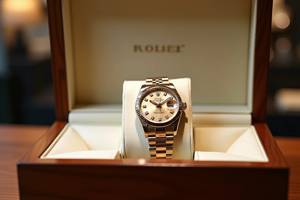 Rolex Datejust 36 cadran champagne serti de diamants présentée dans son écrin en boutique horlogère