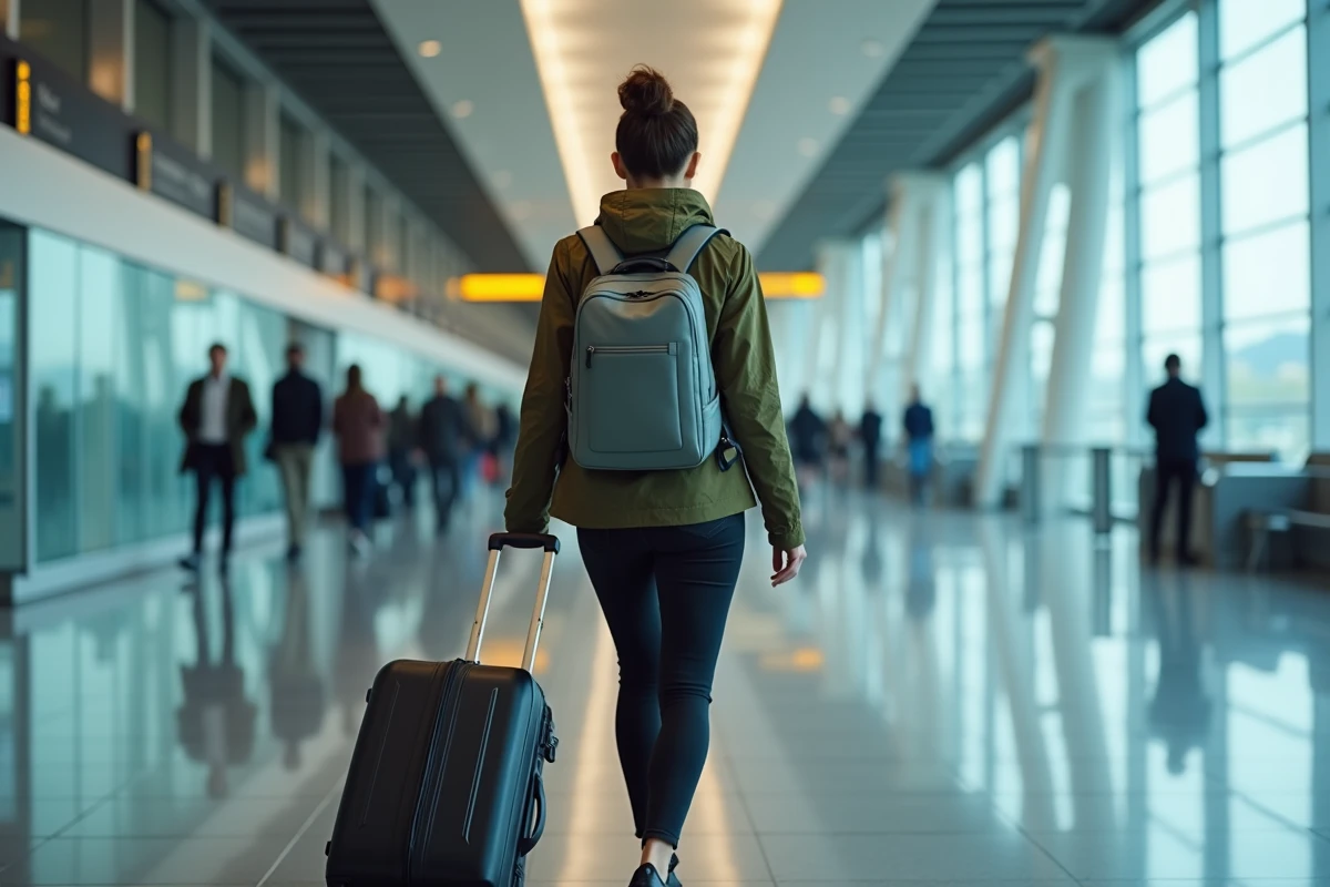 Femme marchant dans un couloir d'embarquement avec un sac à dos ordinateur portable adapté au bagage cabine avion
