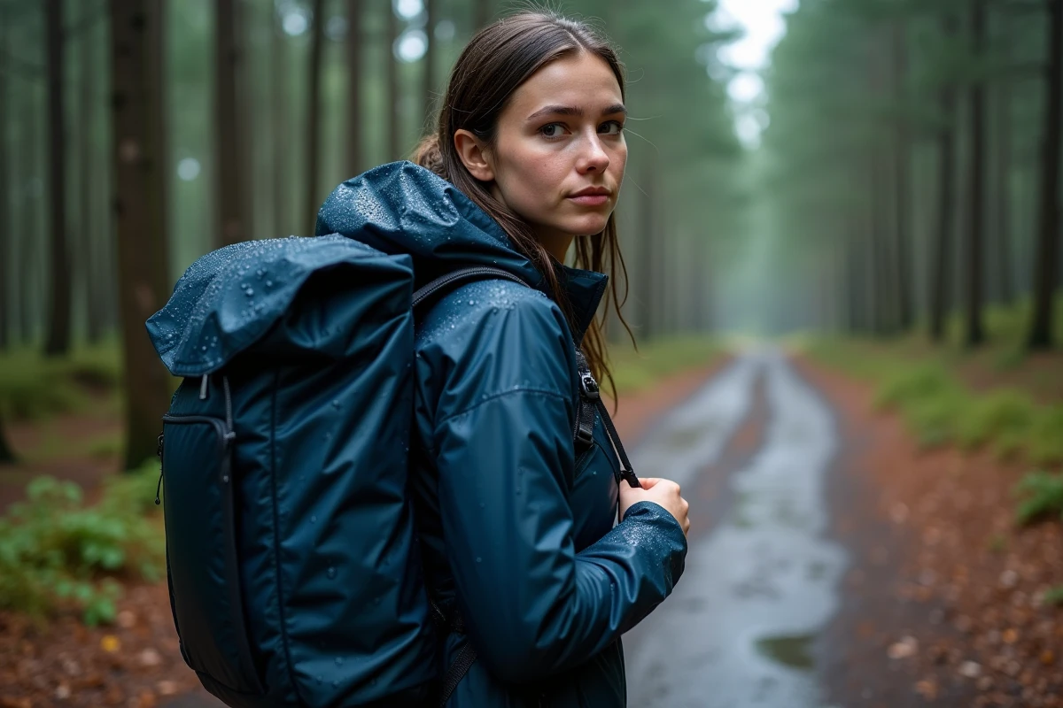 Femme portant un sac à dos imperméable sous la pluie en forêt, gouttelettes d'eau visibles sur le tissu waterproof