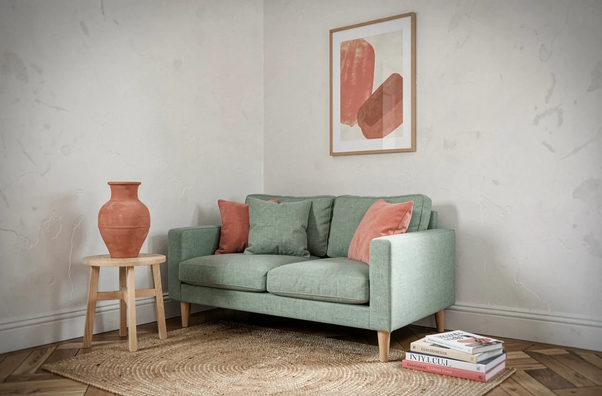 Coin salon parisien en vert d'eau et corail avec canapé en lin, vase en céramique terracotta et parquet point de Hongrie