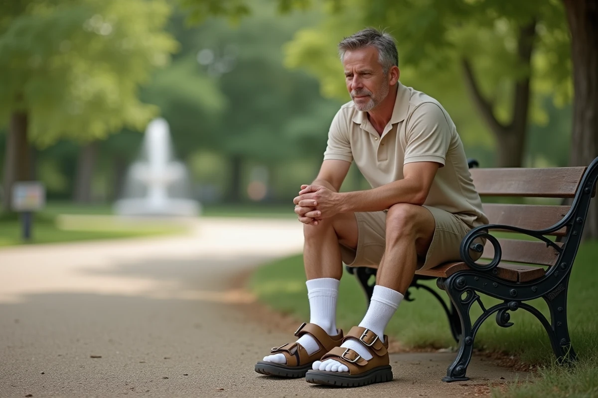 Homme assis dans un parc portant des sandales orthopédiques moches avec des chaussettes hautes blanches