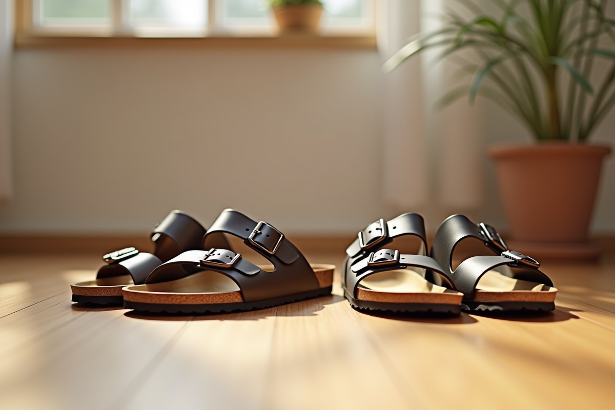Sandales Scholl et Birkenstock côte à côte sur un sol en bois
