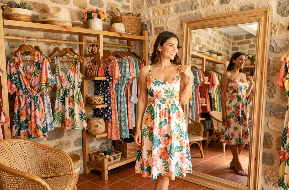 Boutique Sapotille à Perpignan avec robes colorées et décor artisanal méditerranéen