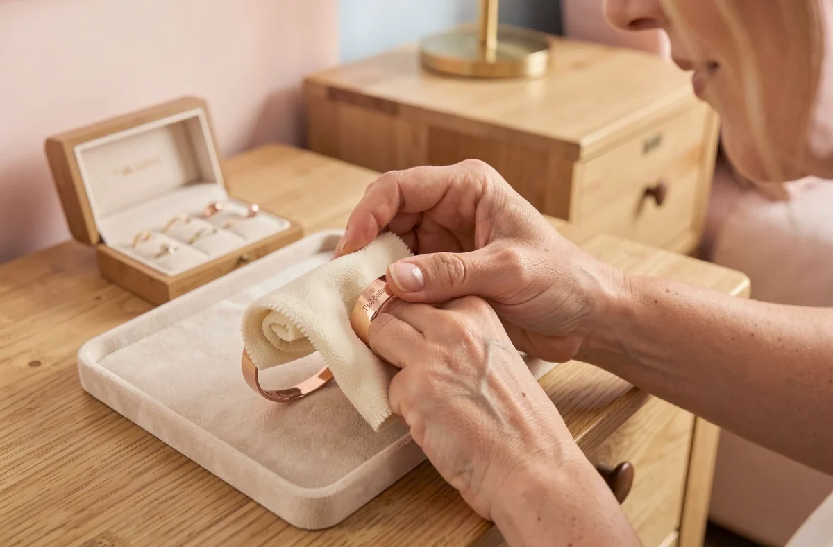Femme séchant un jonc en or rose personnalisé avec un chiffon microfibre sur un plateau en velours