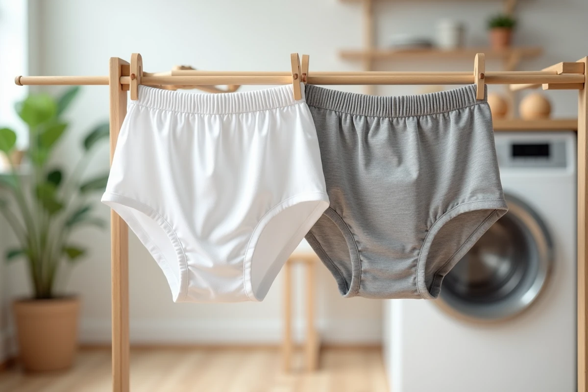 Slips kangourous en coton blanc et gris mis à sécher sur un séchoir en bois dans une buanderie scandinave minimaliste