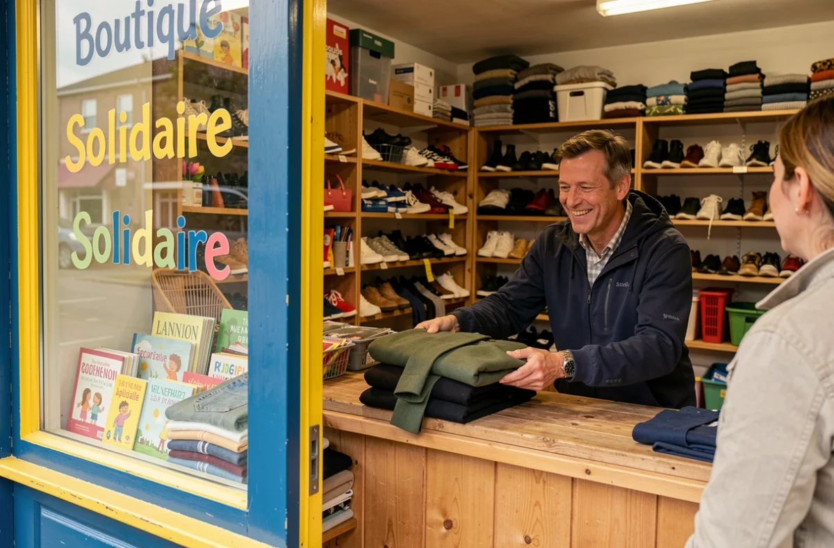 Boutique solidaire du Secours populaire à Lannion avec bénévole remettant des vêtements à un client