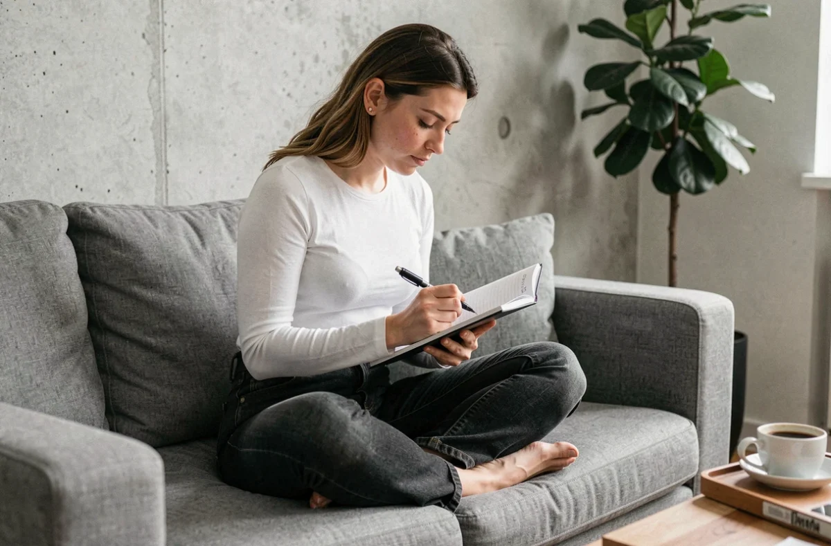 Femme prenant des notes sur un carnet pour planifier sa stratégie de vente en ligne sous pseudonyme et construire une identité crédible