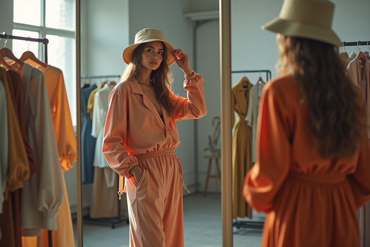 Modèle ajustant un chapeau dans un studio de mode moderne