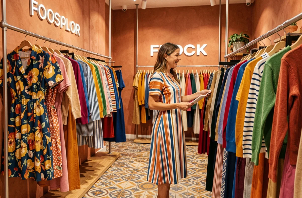 Boutique Sud Express à Perpignan avec robe rayée et décor aux influences ibériques colorées