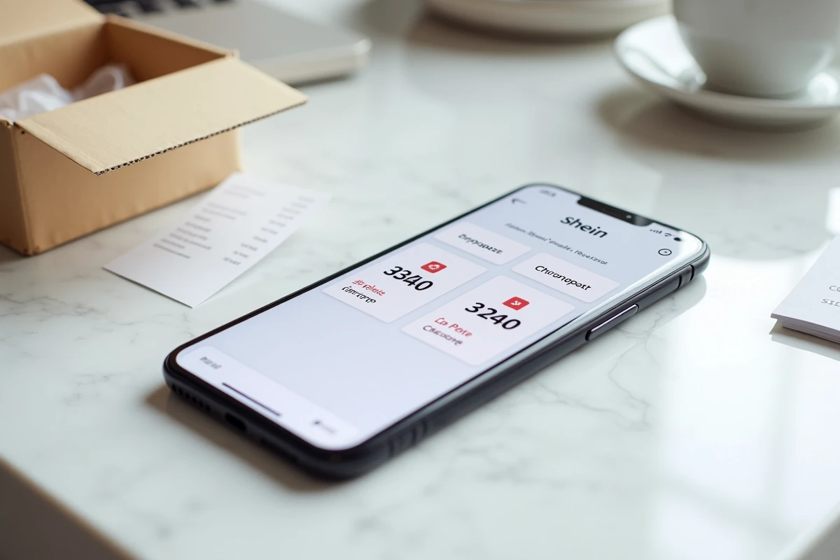 Smartphone affichant deux numéros de suivi différents Chronopost et La Poste à côté d'un colis Shein ouvert sur un bureau en marbre