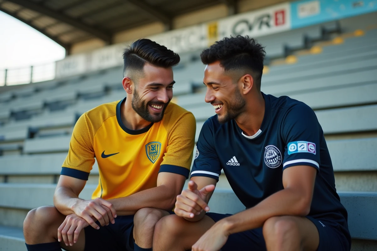 Deux jeunes supporters comparant leurs maillots Blue Lock édition domicile et extérieur dans les tribunes d'un stade