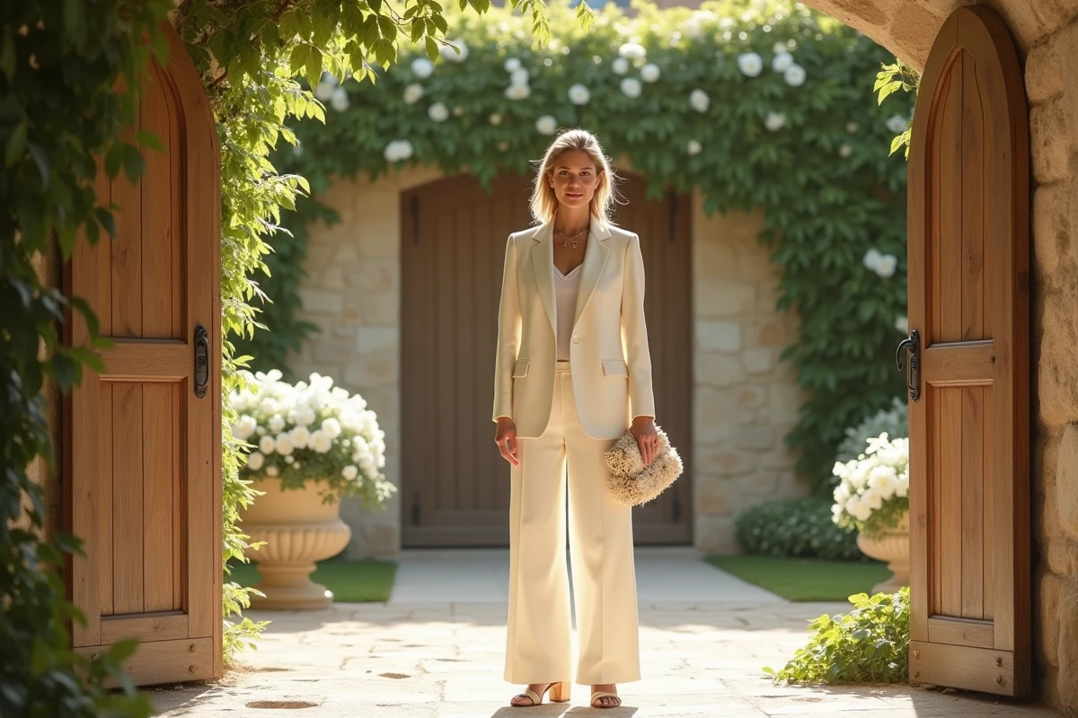 Femme portant un tailleur Mango ivoire avec sandales à brides et pochette fleurie devant un lieu de mariage champêtre en pierre