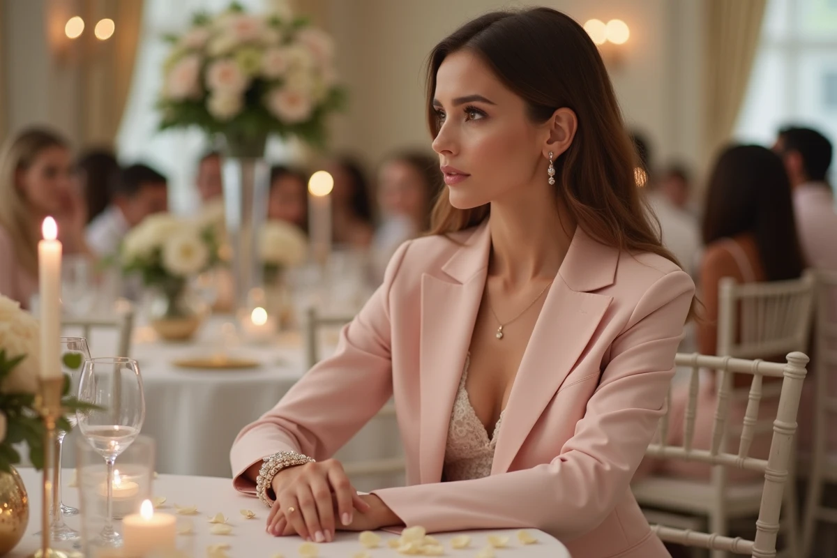 Femme en tailleur rose Mango avec caraco en dentelle et sac nacré assise à une table de réception de mariage décorée