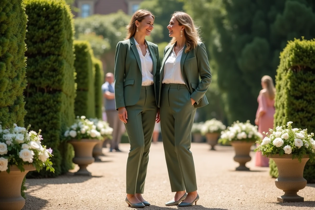 Deux femmes dont l'une porte un tailleur Mango vert sauge lors d'un cocktail de mariage en plein air dans un jardin fleuri