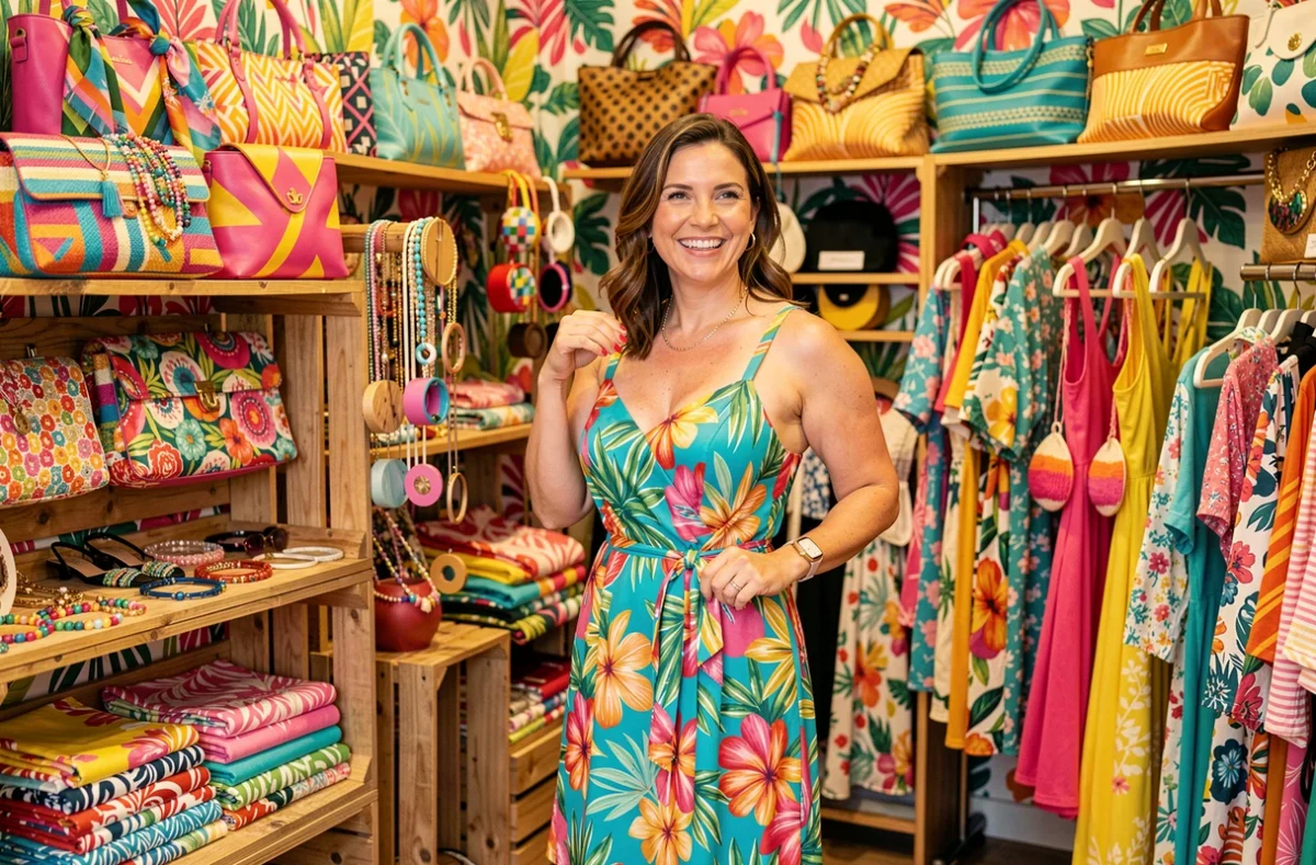 Boutique Tam Tam à Perpignan avec robes imprimées et accessoires colorés dans un décor tropical festif