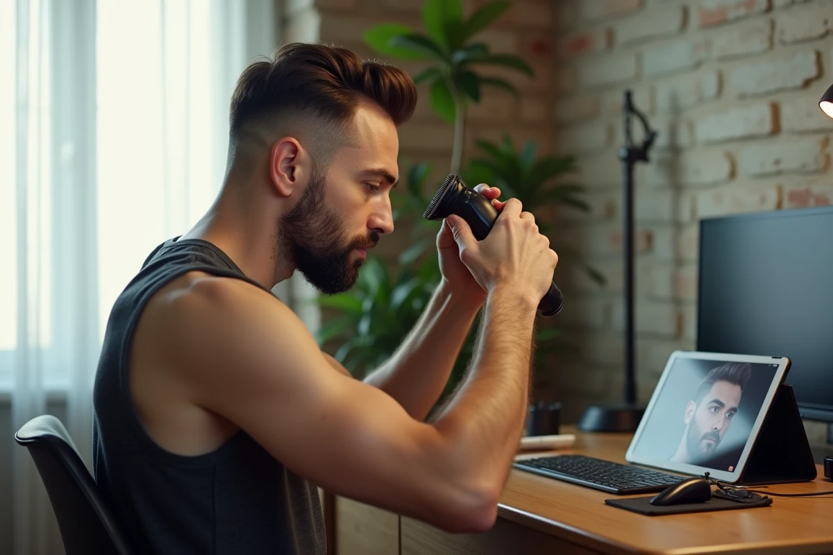 Homme réalisant un fondu taper bas à domicile avec une tondeuse sans fil en suivant un tutoriel vidéo sur tablette