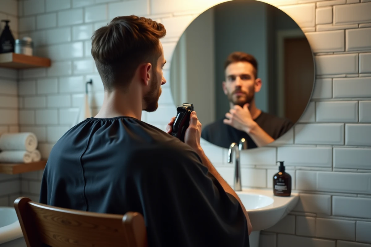 Homme réalisant un taper bas sur sa nuque seul à la maison avec une tondeuse professionnelle devant un miroir de salle de bain