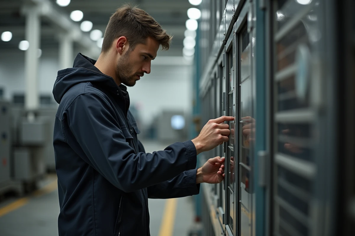 Jeune technicien en softshell inspectant une machine industrielle