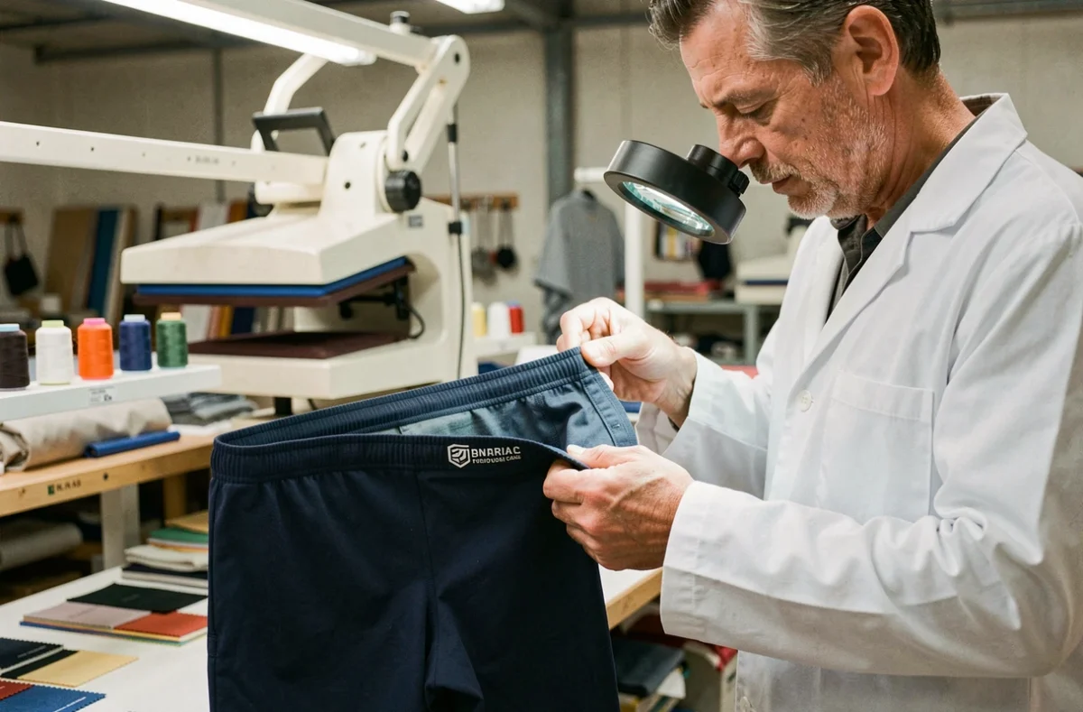 Technicien textile inspectant le marquage intérieur d'un boxer personnalisé sur une machine à broder professionnelle