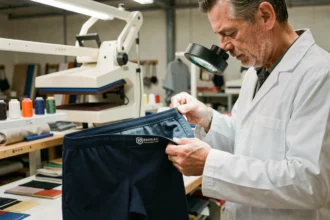 Technicien textile inspectant le marquage intérieur d'un boxer personnalisé sur une machine à broder professionnelle
