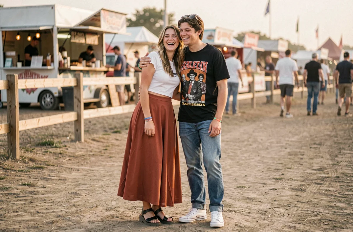 Deux amies en tenue de festival décontractée — jupe midi terracotta et jean avec tee-shirt — riant ensemble entre deux concerts en plein air