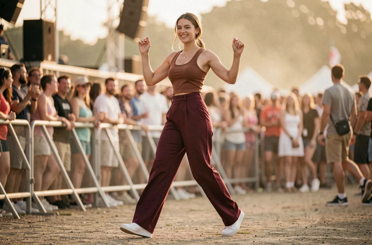 Jeune femme en pantalon large bordeaux et sneakers blanches dansant dans la foule lors d'un concert en plein air