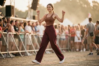 Jeune femme en pantalon large bordeaux et sneakers blanches dansant dans la foule lors d'un concert en plein air