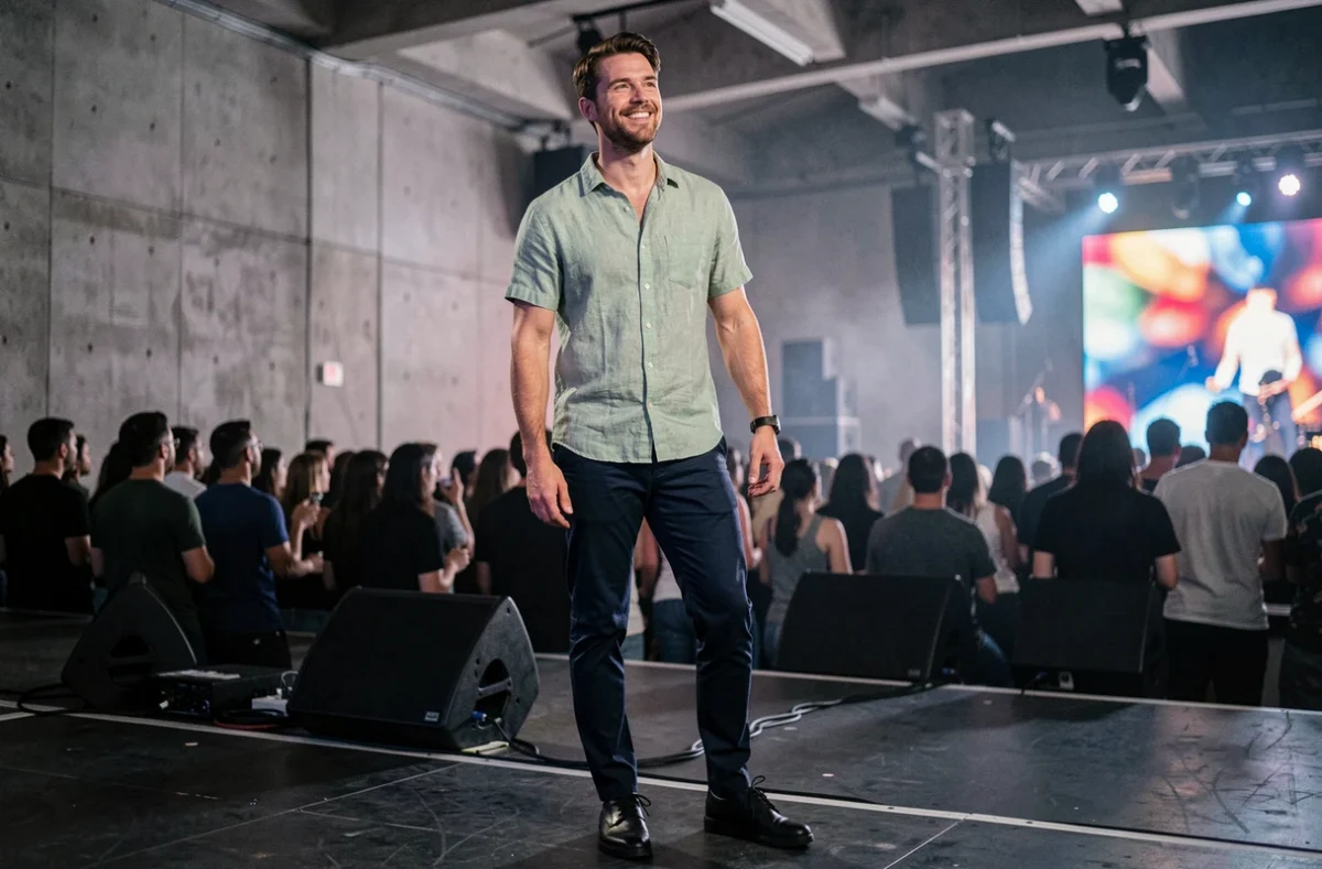 Homme en chemise lin vert sauge et chinos marine profitant d'un concert en salle les yeux tournés vers la scène