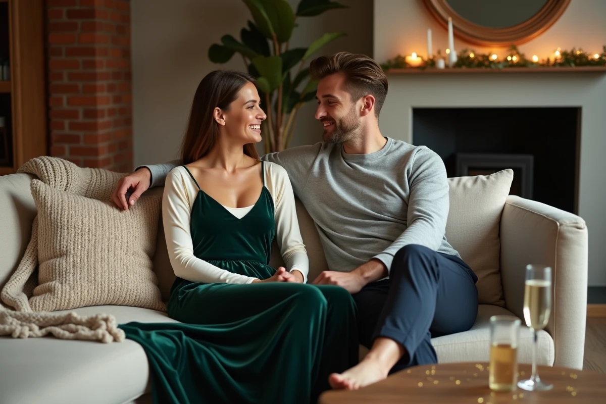 Couple en tenue chic et décontractée pour célébrer le Nouvel An à la maison, robe velours émeraude et pull mérinos gris dans un salon festif avec cheminée