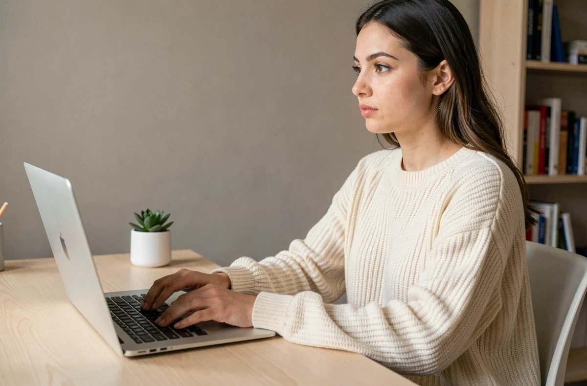 Jeune femme anonyme travaillant sur un ordinateur portable pour construire une identité en ligne crédible sous pseudonyme