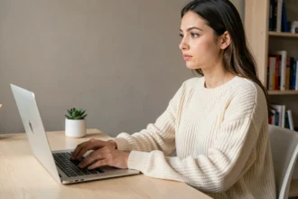 Jeune femme anonyme travaillant sur un ordinateur portable pour construire une identité en ligne crédible sous pseudonyme