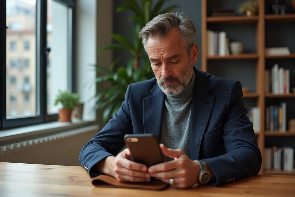 Homme vérifiant l'étiquette intérieure d'un sac en cuir de luxe avec son smartphone pour authentification