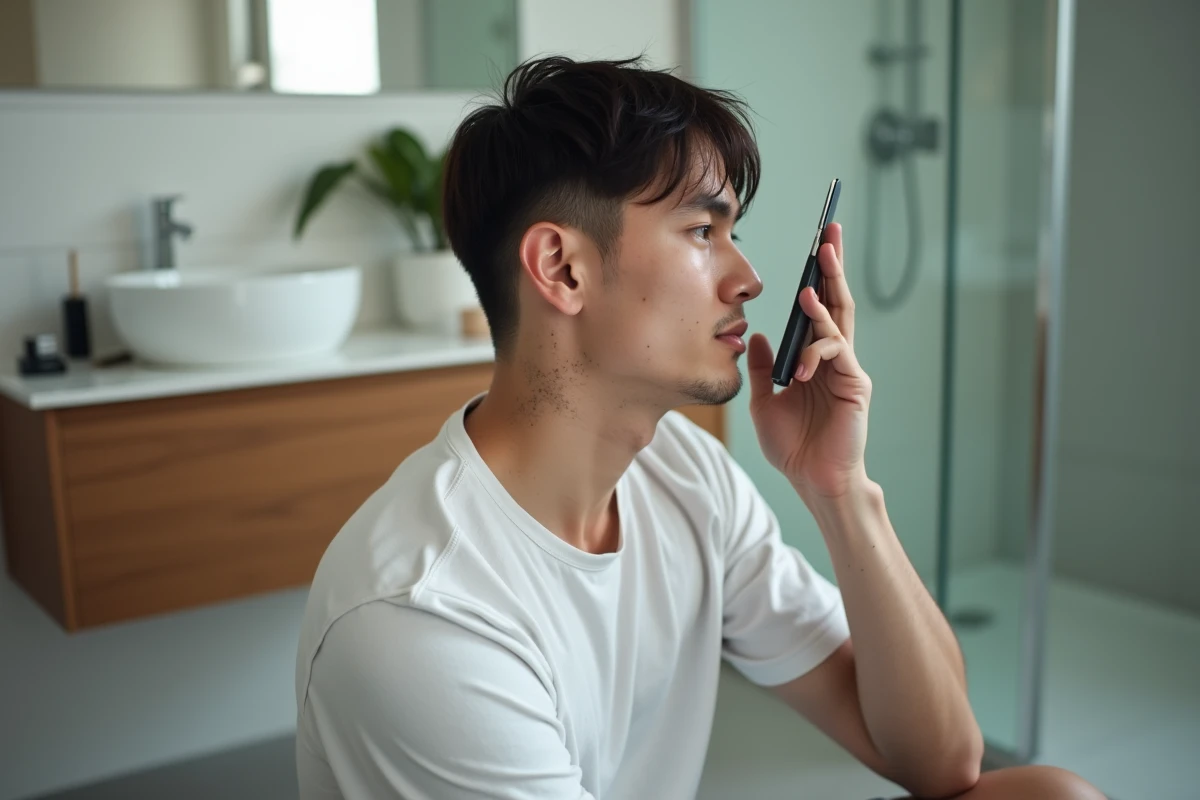 Homme vérifiant sa nuque après un taper bas réalisé seul avec un miroir à main dans une salle de bain moderne