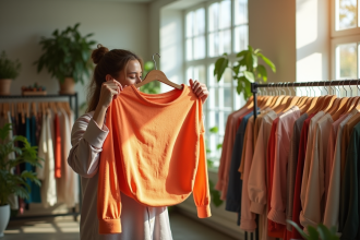 Personne tenant un vêtement coloré dans une boutique écologique