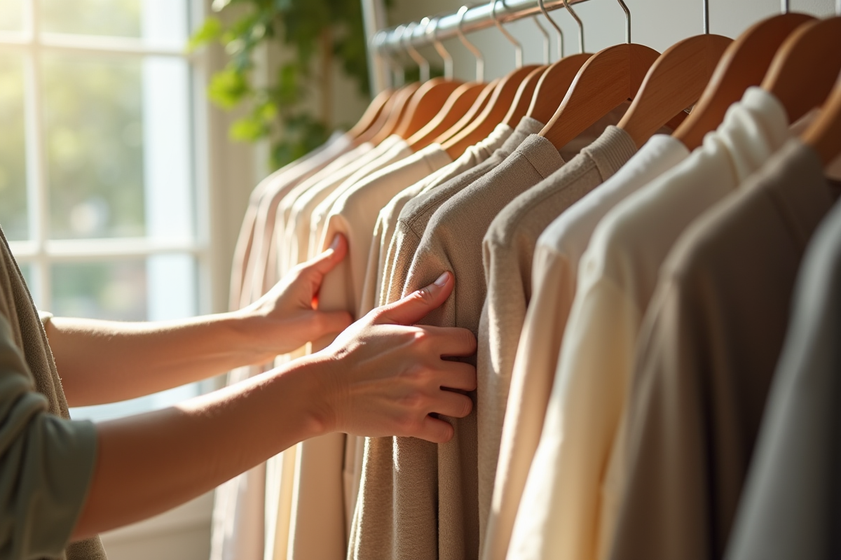 Mains sélectionnant vêtements en coton bio dans une boutique lumineuse