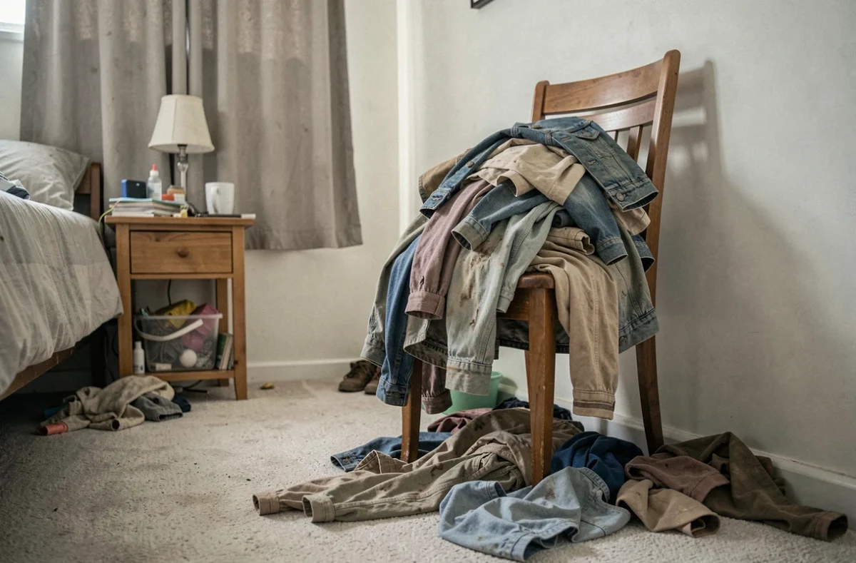 Pile de vêtements sales entassés sur une chaise dans une chambre à coucher aux rideaux fermés, évoquant une odeur de renfermé