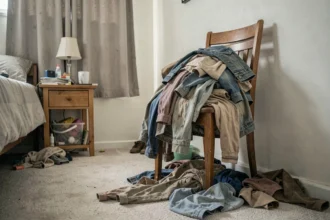 Pile de vêtements sales entassés sur une chaise dans une chambre à coucher aux rideaux fermés, évoquant une odeur de renfermé