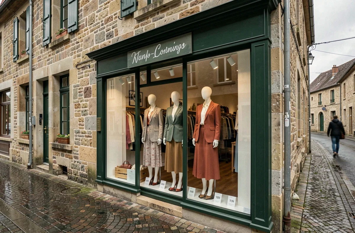 Vitrine d'une boutique de mode féminine indépendante dans une rue commerçante du Doubs en Franche-Comté
